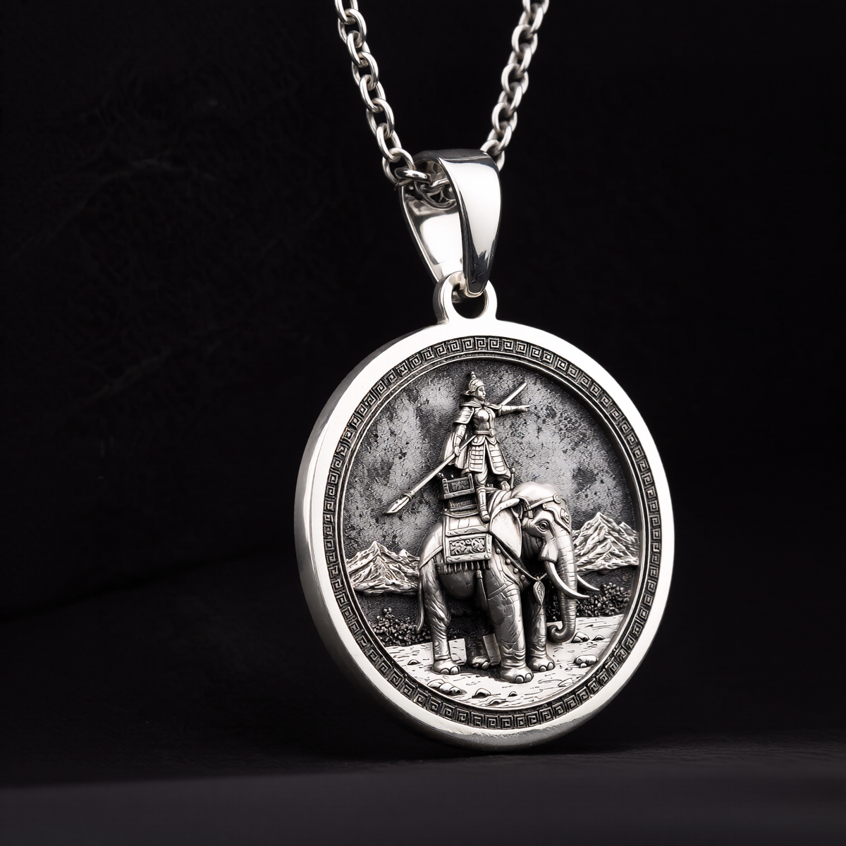 Lady Trieu Warrior Queen Necklace Necklaces 925 925 Sterling Silver pendant of a figure riding an elephant in a circular frame necklace
