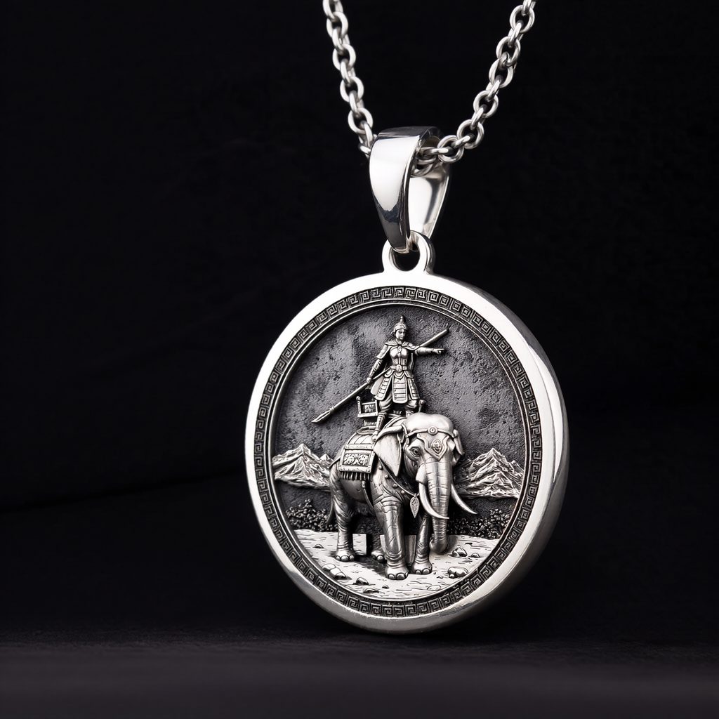 Lady Trieu Warrior Queen Necklace Necklaces 925 925 Sterling Silver warrior riding an elephant circular pendant necklace
