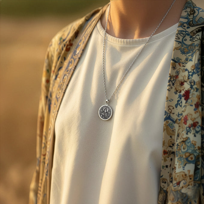 Silver Lakshmi Goddess Necklace. Hindu mythology jewelry gift, polished finish, silver and gold plated options.