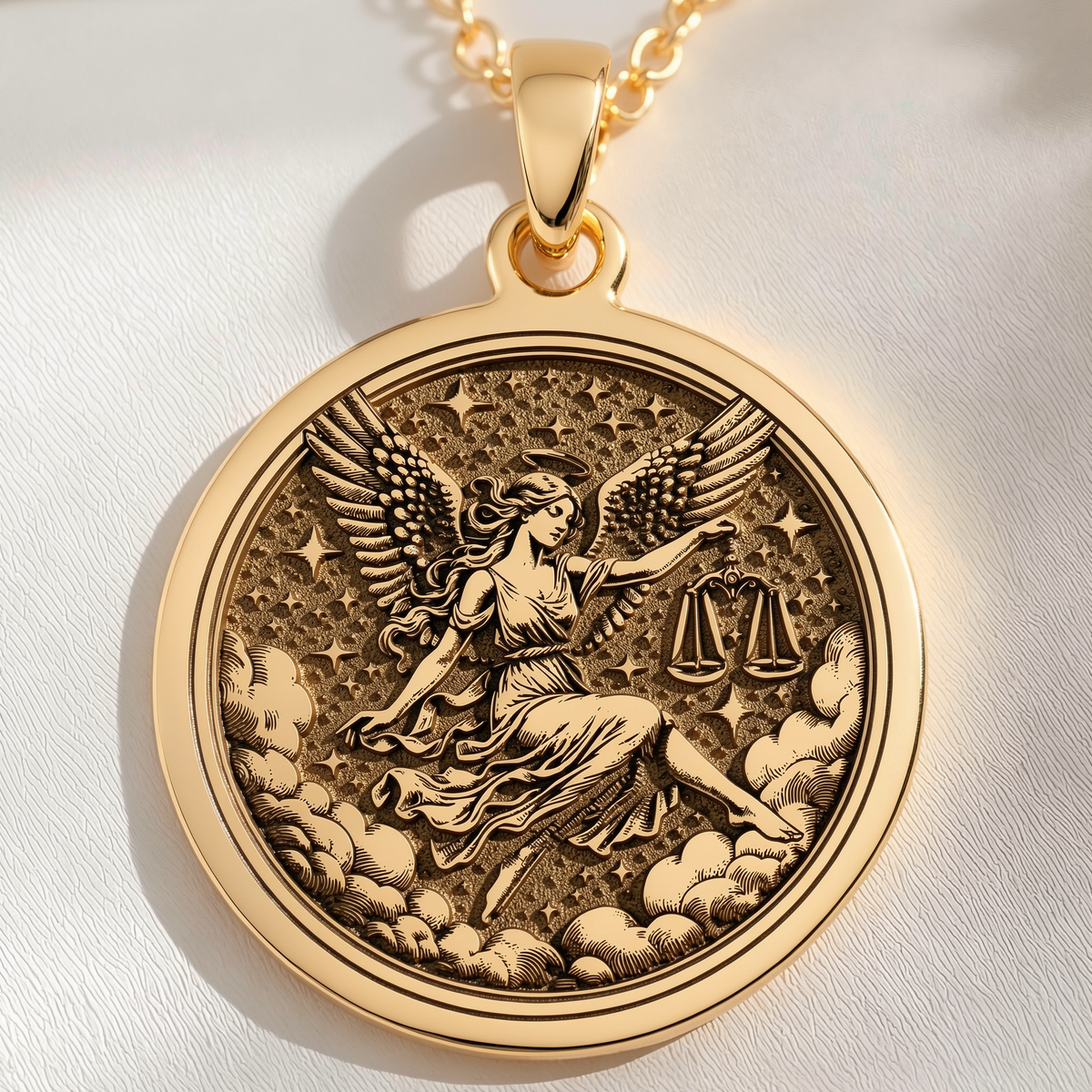 Libra Zodiac Astrological Sign Necklace Necklaces 14K 14K Gold Plated winged goddess holding scales pendant necklace with clouds and stars