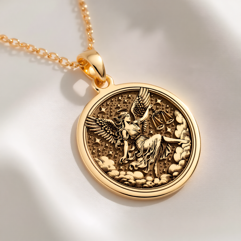 Libra Zodiac Astrological Sign Necklace Necklaces 14K 14K Gold Plated pendant necklace featuring a winged figure among clouds in a vintage style.