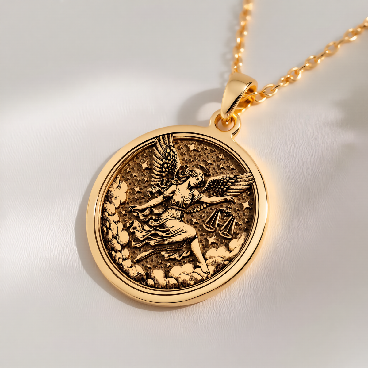 Libra Zodiac Astrological Sign Necklace Necklaces 14K 14K Gold Plated winged figure holding scales circular pendant necklace