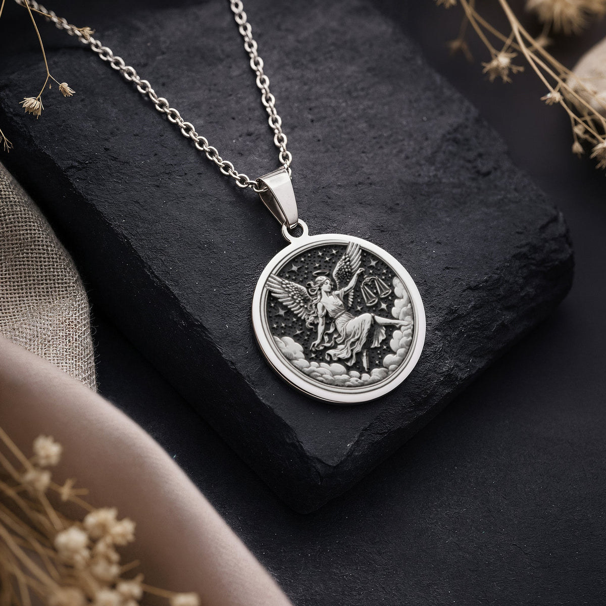 Sterling silver Libra Zodiac Astrological Sign Necklace: round  of Libra zodiac sign wi...
