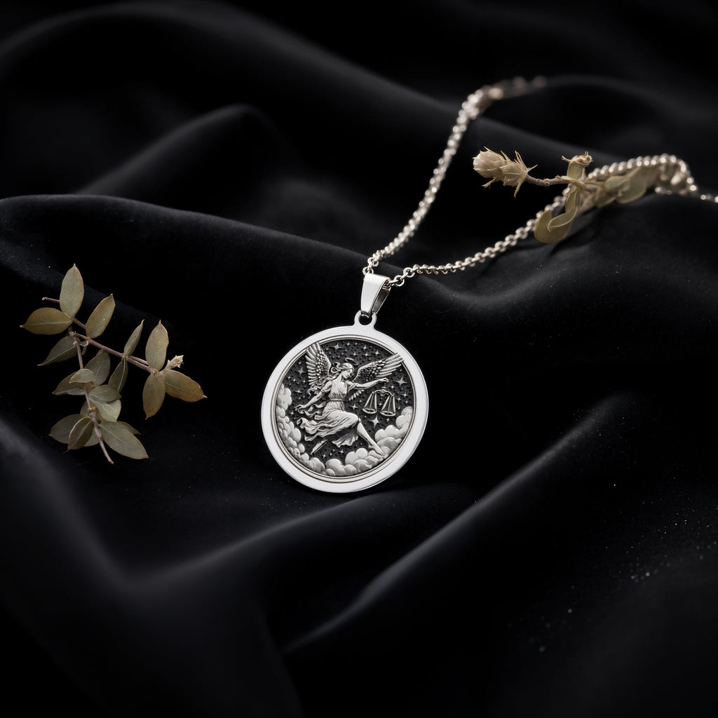 Sterling silver Libra Zodiac Astrological Sign Necklace: round  of Libra zodiac air sig...