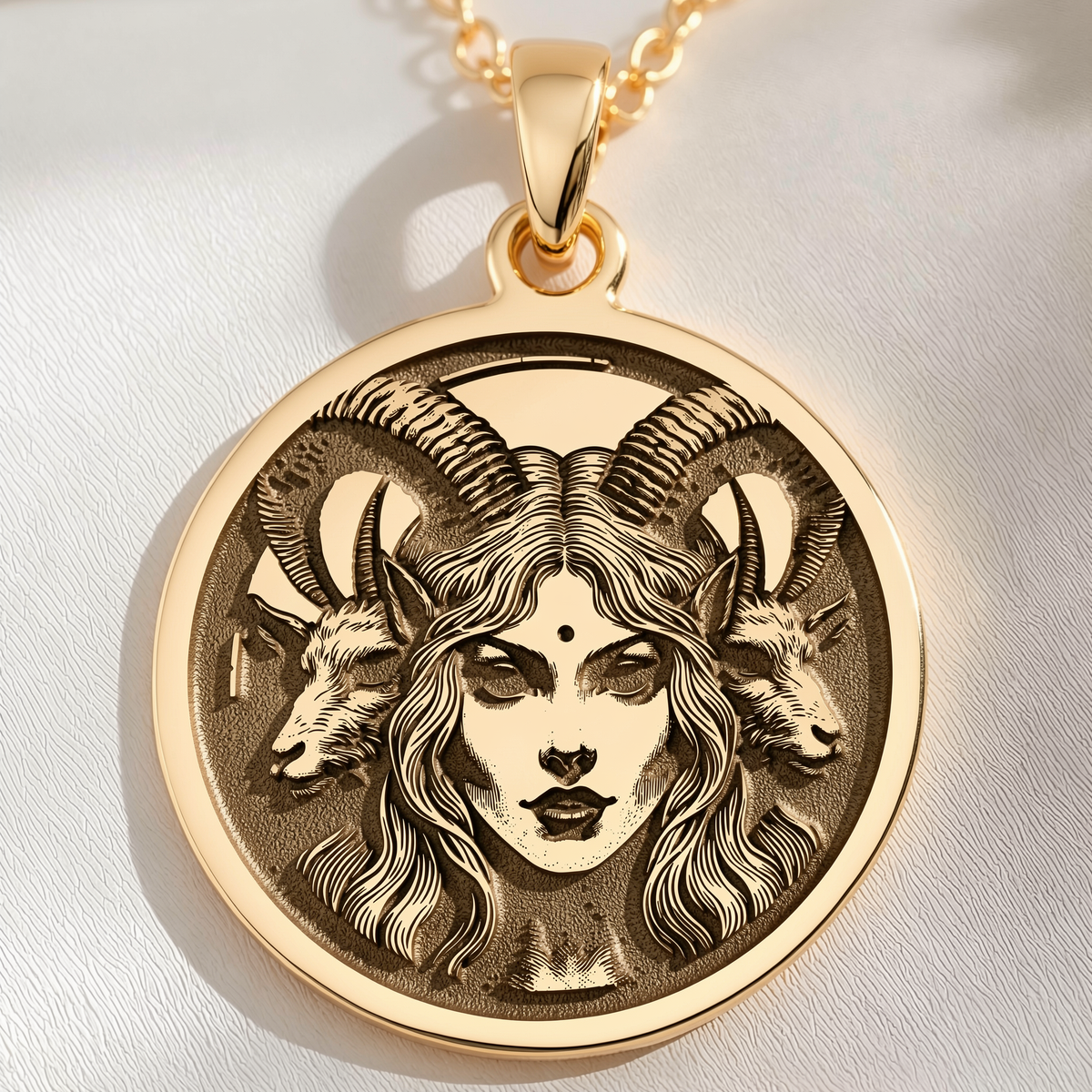 Lilith Goddess Necklace Necklaces 14K 14K Gold Plated pendant necklace featuring a goat face with horns and third eye symbol.