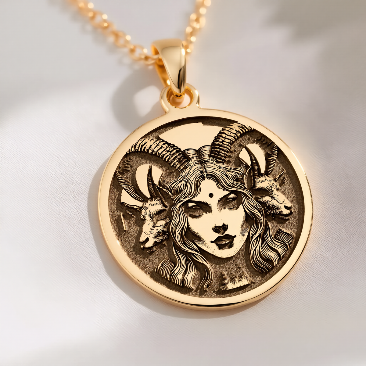 Lilith Goddess Necklace Necklaces 14K 14K Gold Plated round pendant featuring a detailed goat face with horns necklace
