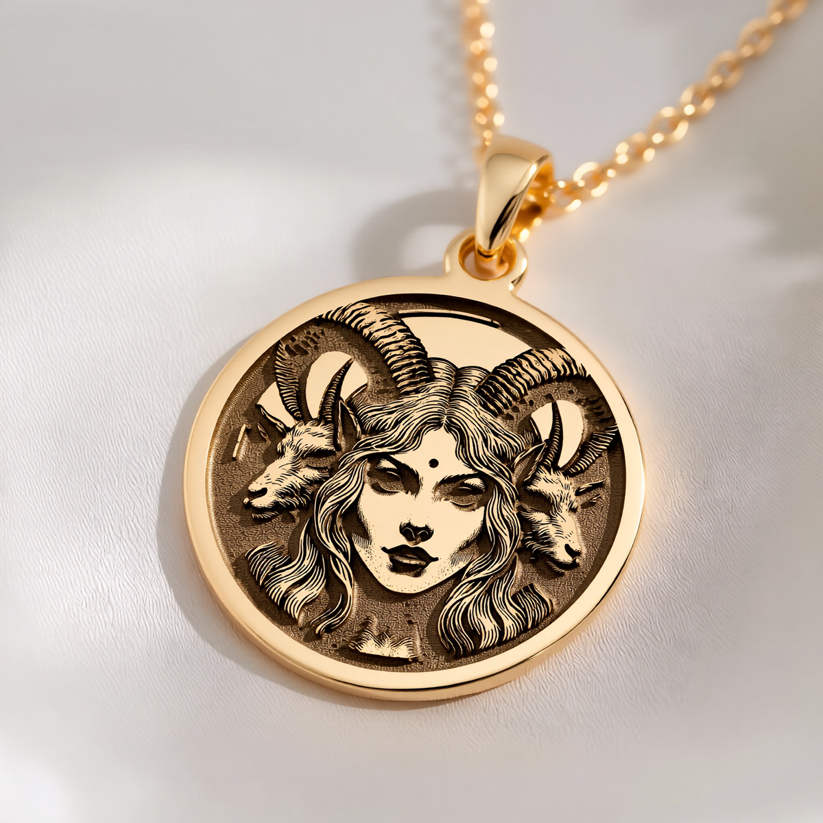 Lilith Goddess Necklace Necklaces 14K 14K Gold Plated pendant necklace featuring a detailed horned goat face design.