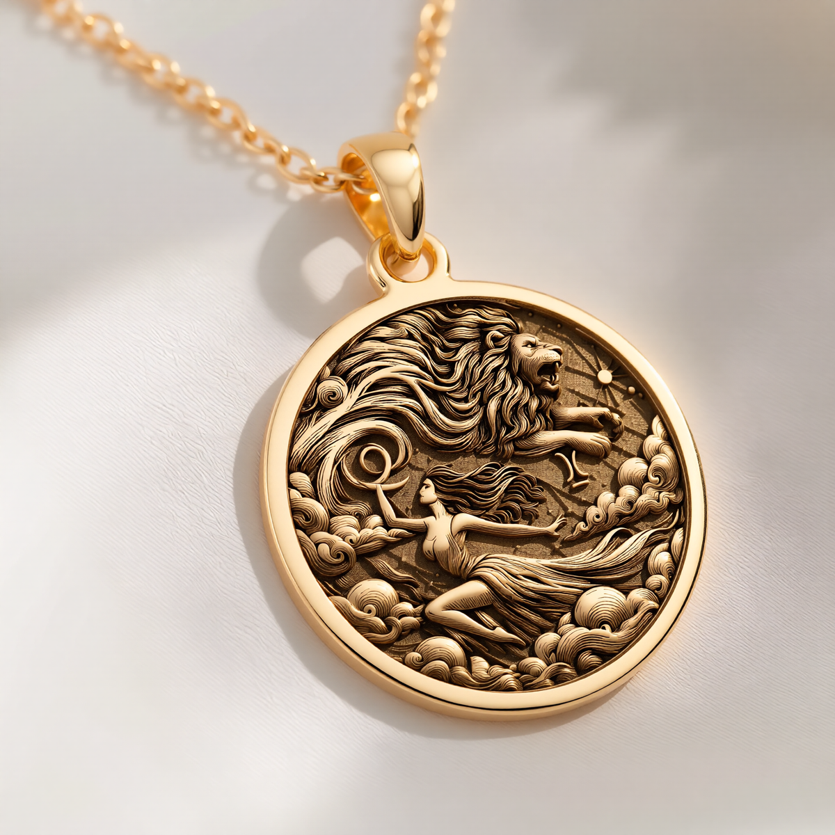 Leo Zodiac Sign Necklace Necklaces 14K 14K Gold Plated lion and woman relief pendant necklace with clouds
