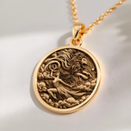 Leo Zodiac Sign Necklace Necklaces 14K 14K Gold Plated circular pendant featuring a classical figure intertwined with a lion design.