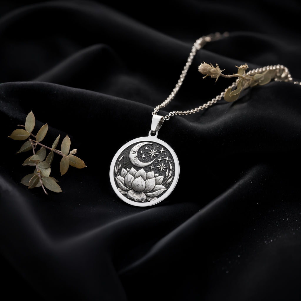 Lotus Crescent Moon Pendant | Silver & Plated Options - Spiritual Protection Yoga Zen