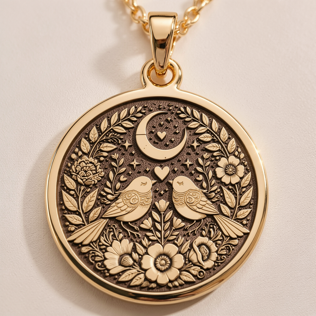 14K solid gold Romantic Lovebirds Necklace: round  two stylized birds facing each other...