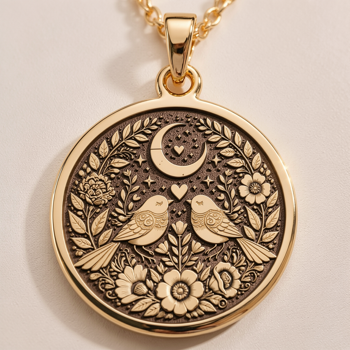 14K solid gold Romantic Lovebirds Necklace: round  two stylized birds facing each other...