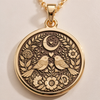 14K solid gold Romantic Lovebirds Necklace: round  two stylized birds facing each other...