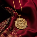 14K Solid Gold Maha Kali Yantra Sacred Geometry Medallion Pendant — front studio view with deeply engraved Vedic yantra