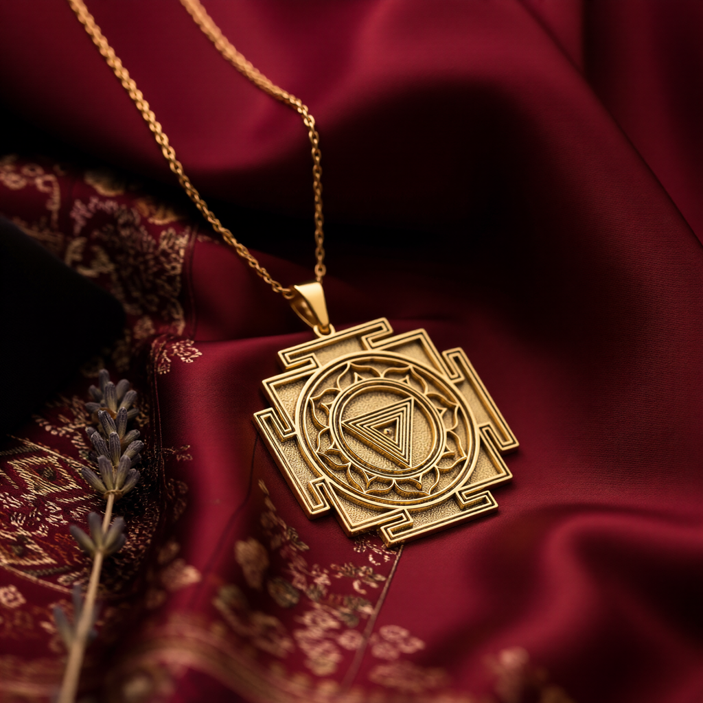 Maha Kali Yantra Sacred Geometry Pendant in 14K Solid Gold — angled three-quarter front-left studio perspective