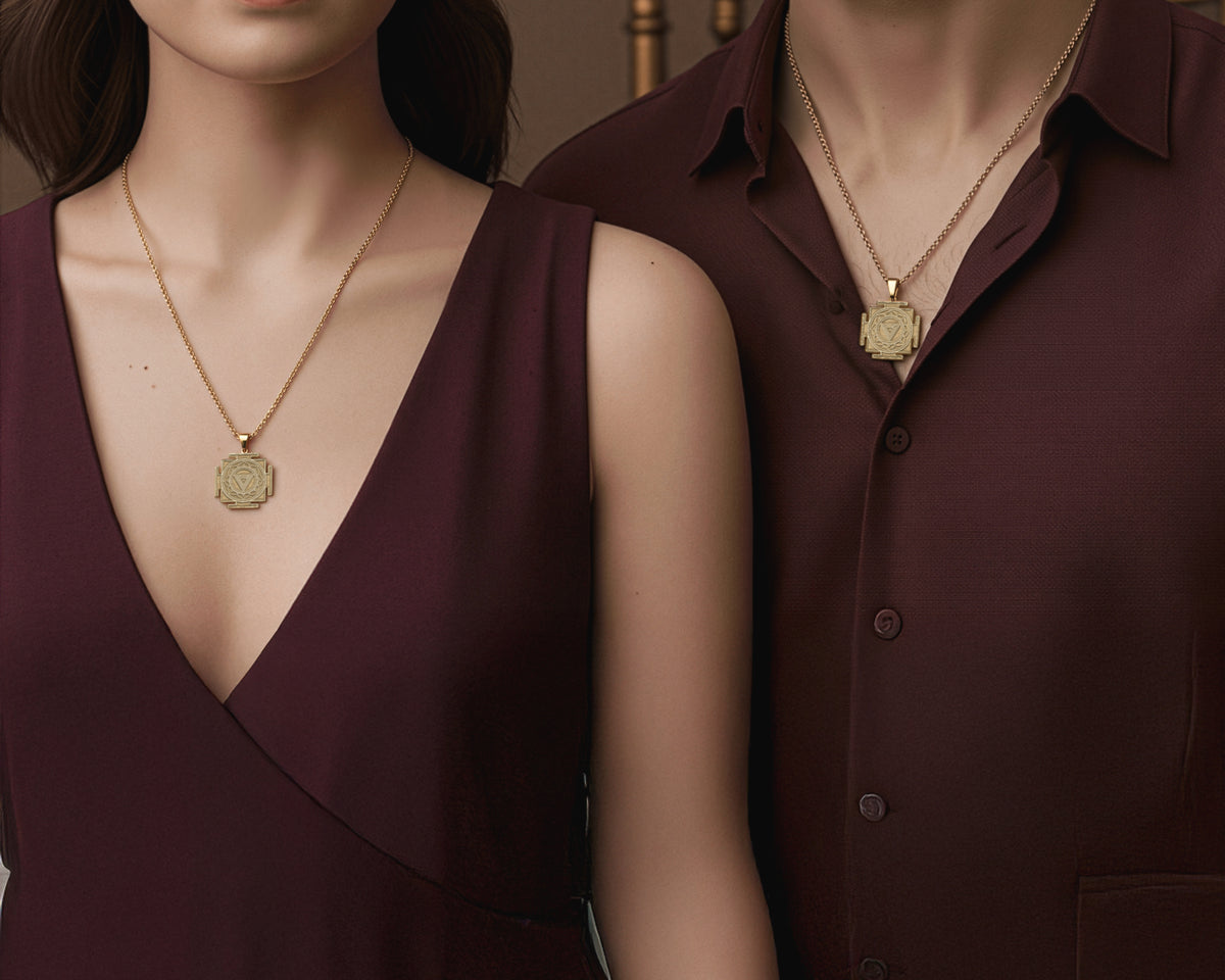 Maha Kali Yantra Sacred Geometry Pendant in 14K Solid Gold — lifestyle lookbook portrait with warm golden reflection