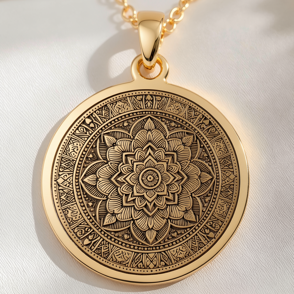 Mandala Art Medallion Necklace Necklaces 14K 14K Gold Plated round pendant necklace with intricate mandala geometric pattern