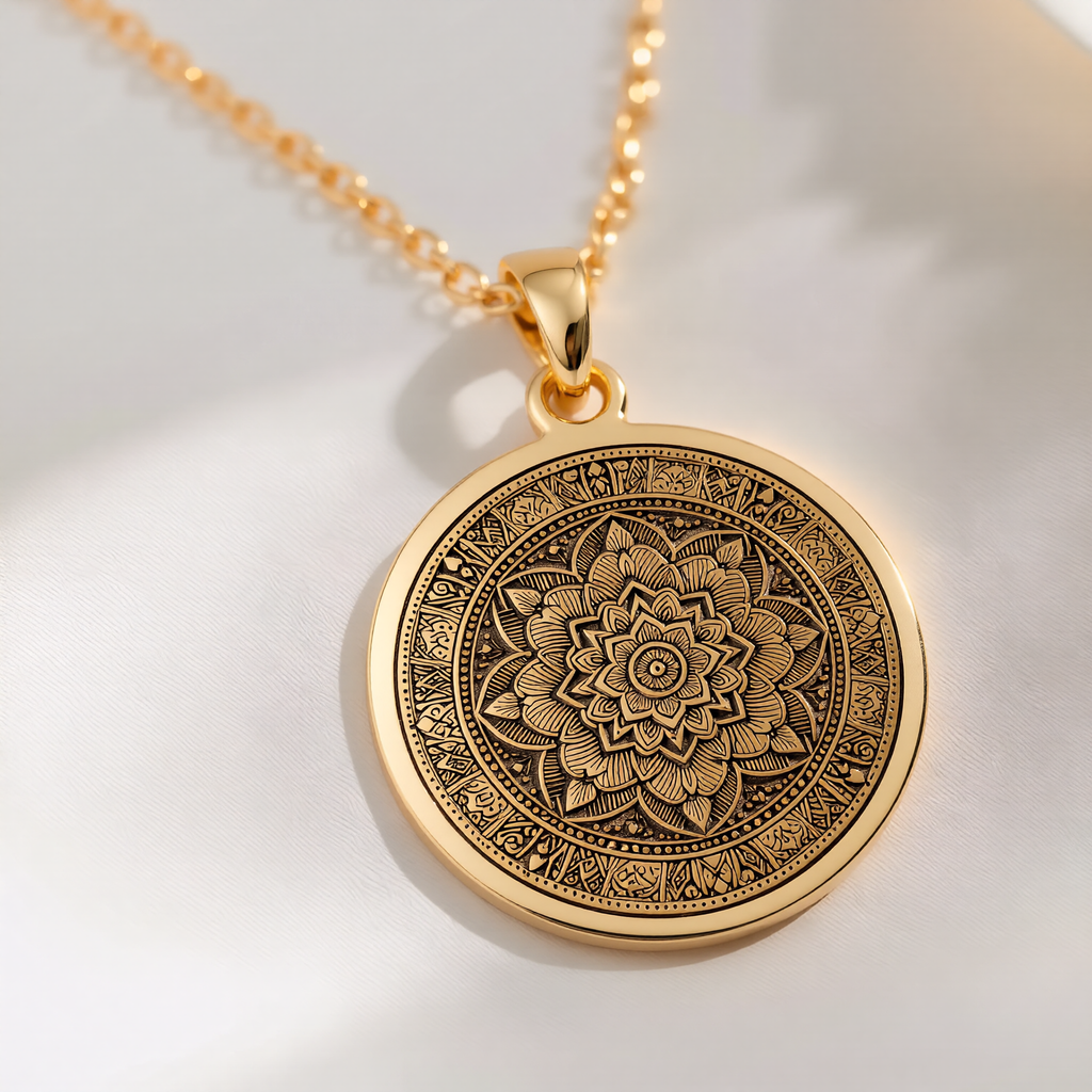 Mandala Art Medallion Necklace Necklaces 14K 14K Gold Plated round pendant necklace with intricate mandala floral design