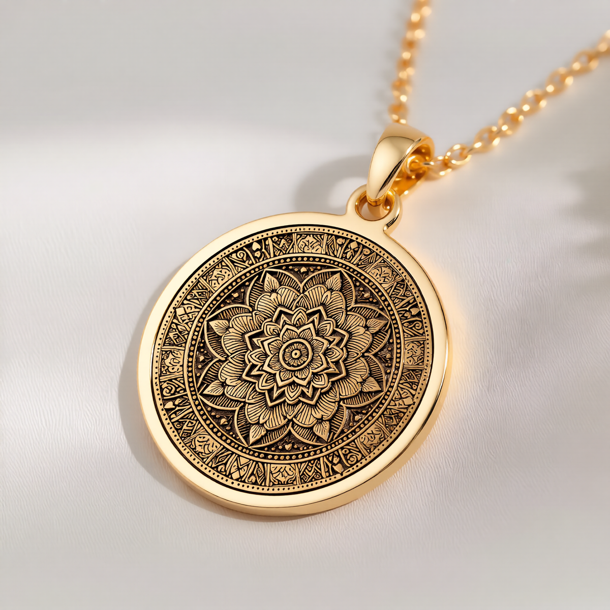 Mandala Art Medallion Necklace Necklaces 14K 14K Gold Plated pendant necklace with intricate mandala floral design on a round disc.
