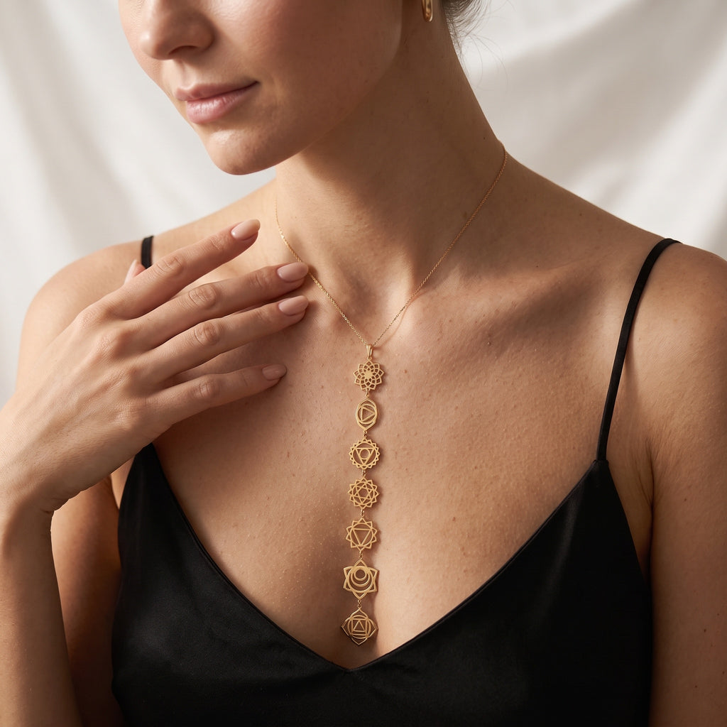 14K Gold Chakra Pendant Necklace with Graceful Hand on Collarbone Lifestyle Portrait