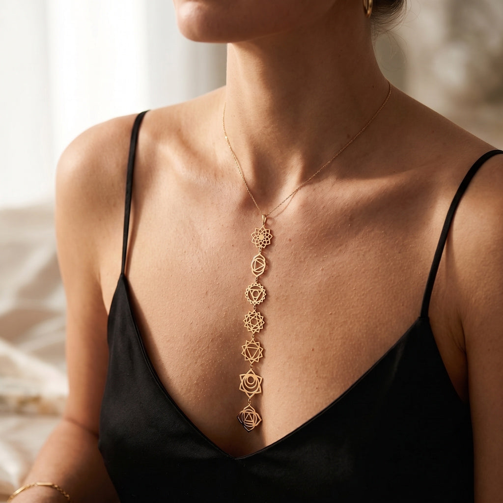14K Solid Gold 7 Chakras Cascade Y-Lariat Drop Necklace - 14K Solid Gold