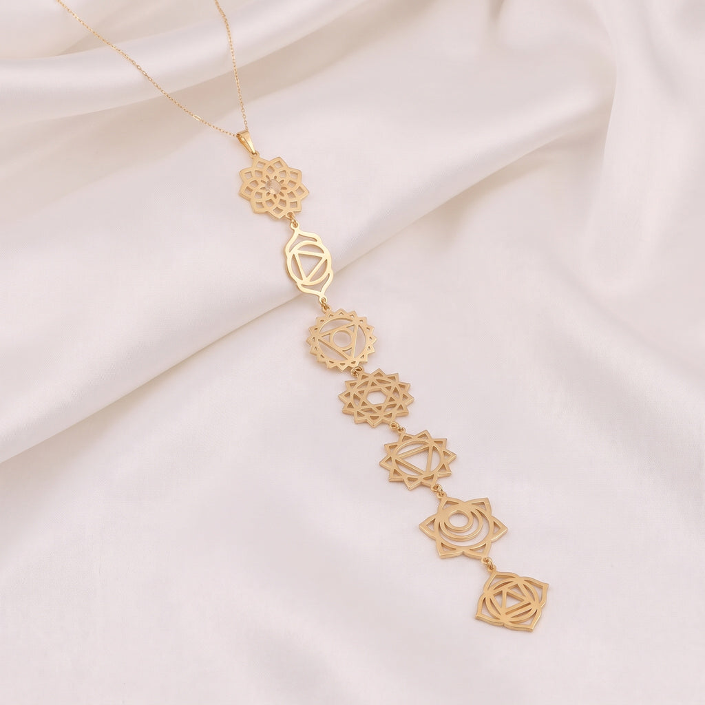 14K Solid Gold 7 Chakras Cascade Y-Lariat Drop Necklace - 14K Solid Gold