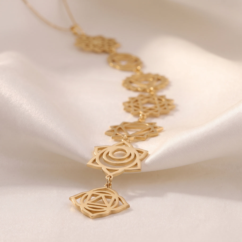 14K Solid Gold 7 Chakras Cascade Y-Lariat Drop Necklace - 14K Solid Gold
