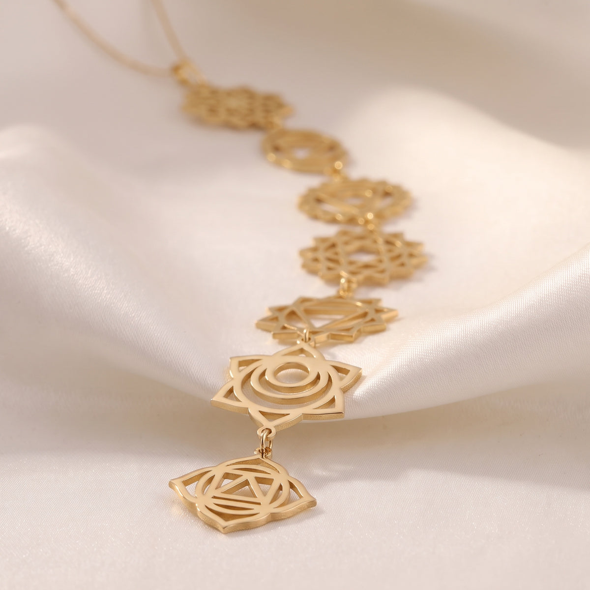 14K Solid Gold 7 Chakras Cascade Y-Lariat Drop Necklace - 14K Solid Gold