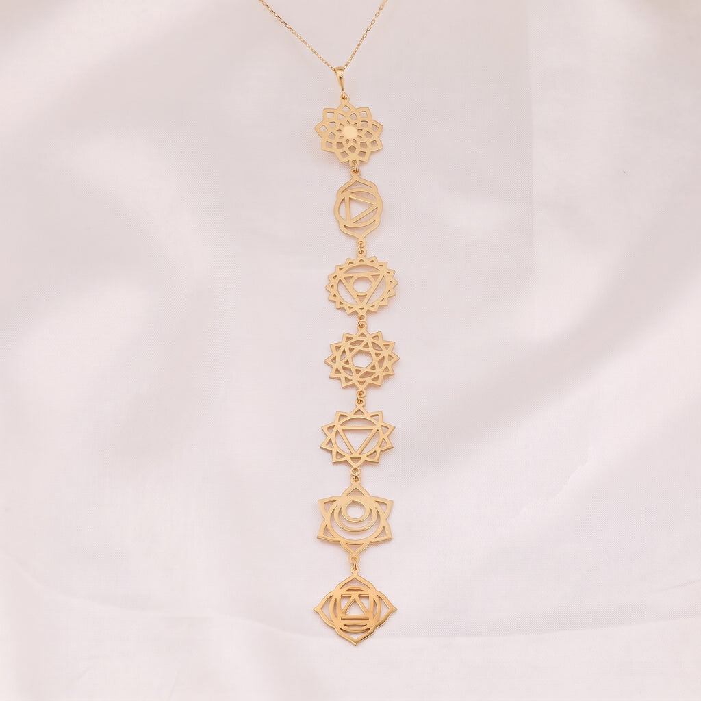 14K Gold 7 Chakras Vertical Cascade Drape on Ivory Mulberry Silk Charmeuse