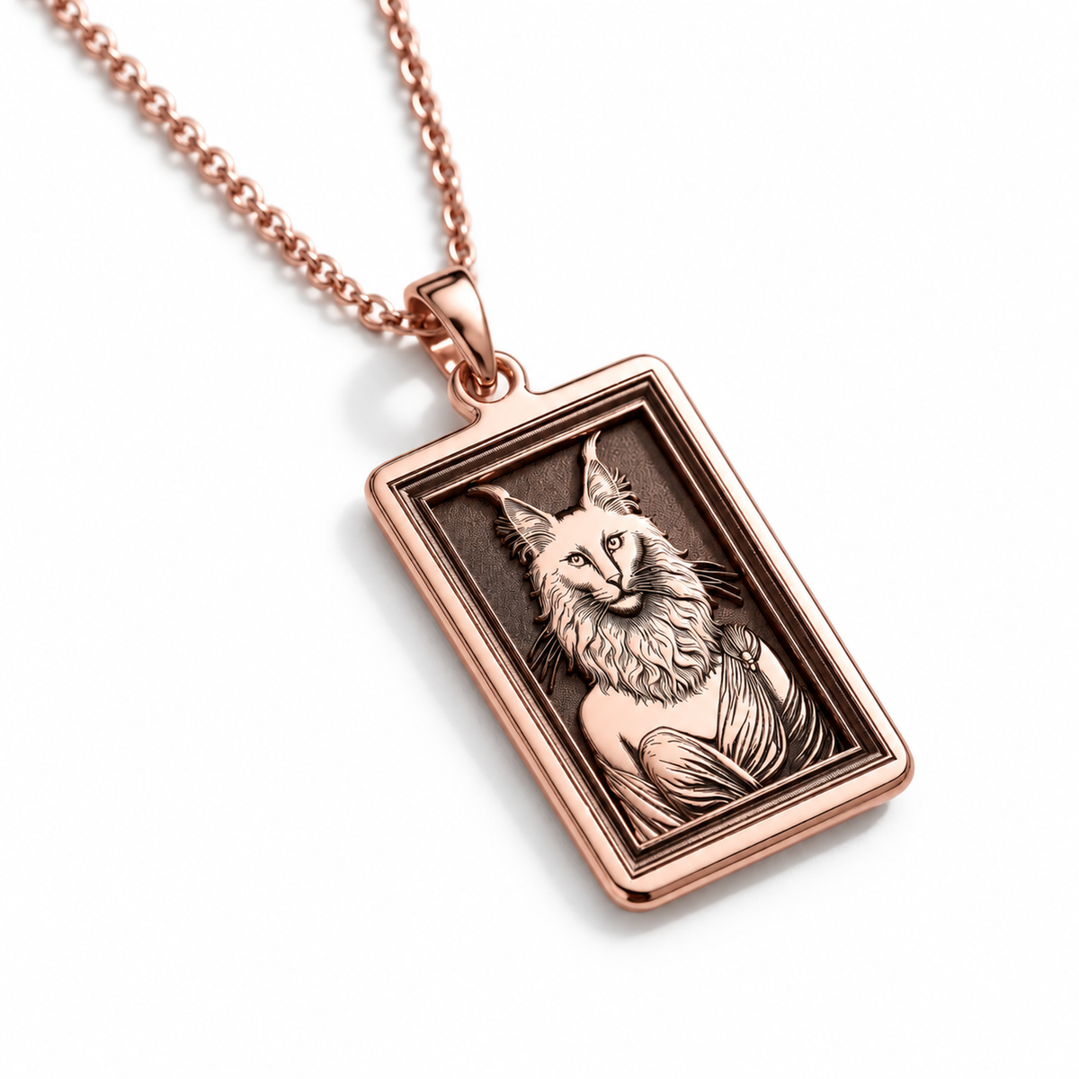 A unique rose gold plated rectangular necklace with a custom engraved portrait of a divine feline. The detailed artwork captures the grace of the Turkish Angora cat.