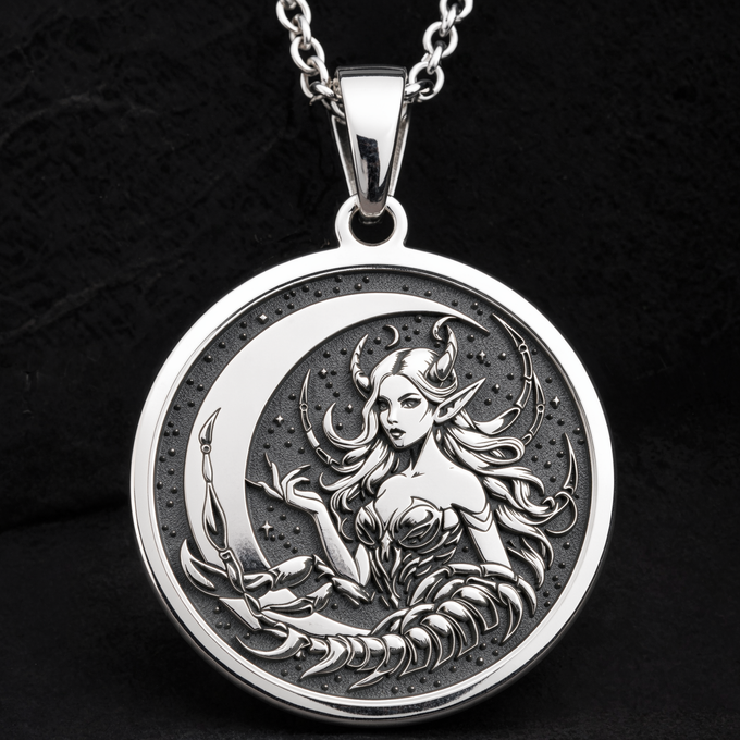 Sterling silver Scorpio Zodiac Pendant Necklace: round  Scorpio zodiac sign with engrav...