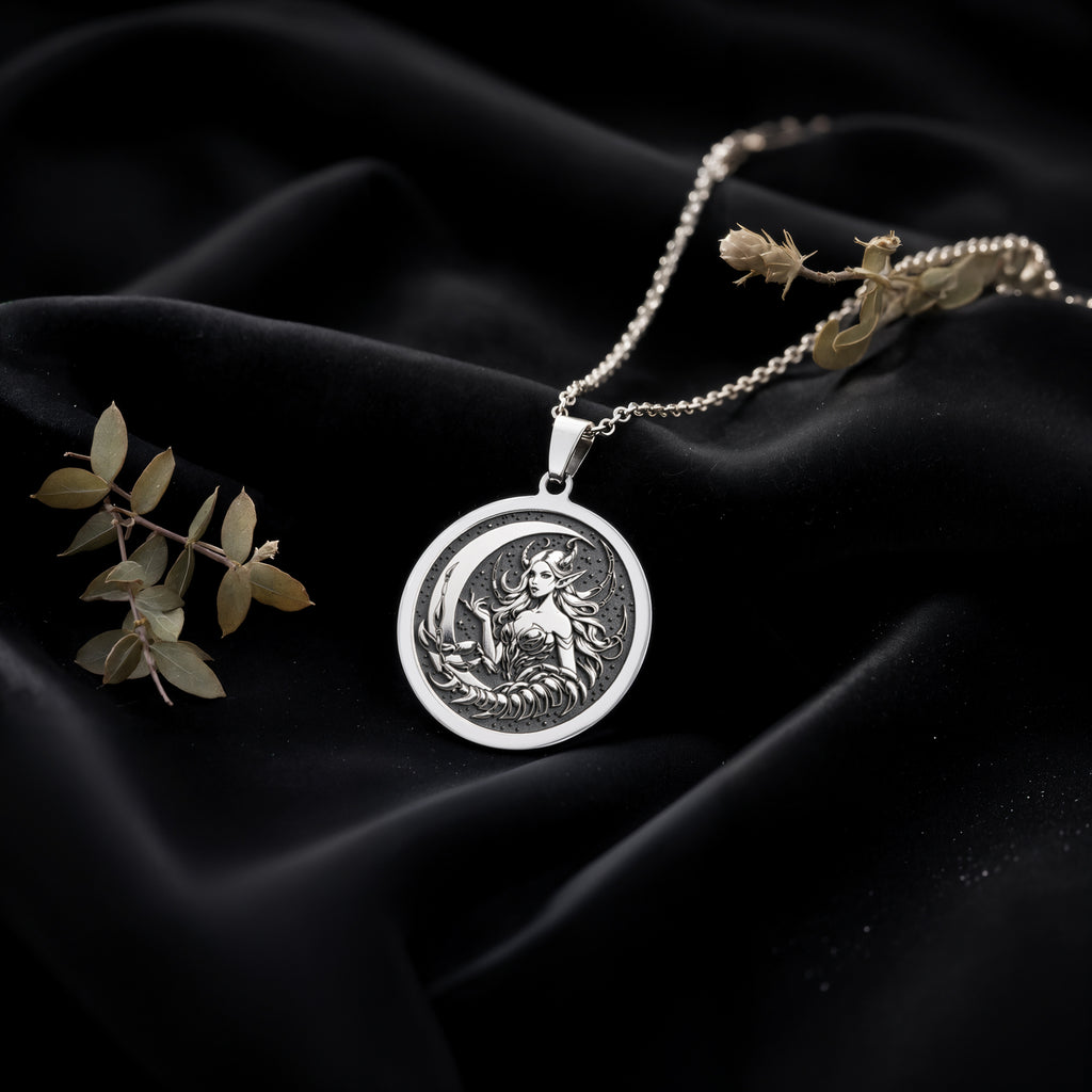 Sterling silver Scorpio Zodiac Pendant Necklace: round  Scorpio zodiac sign with engrav...