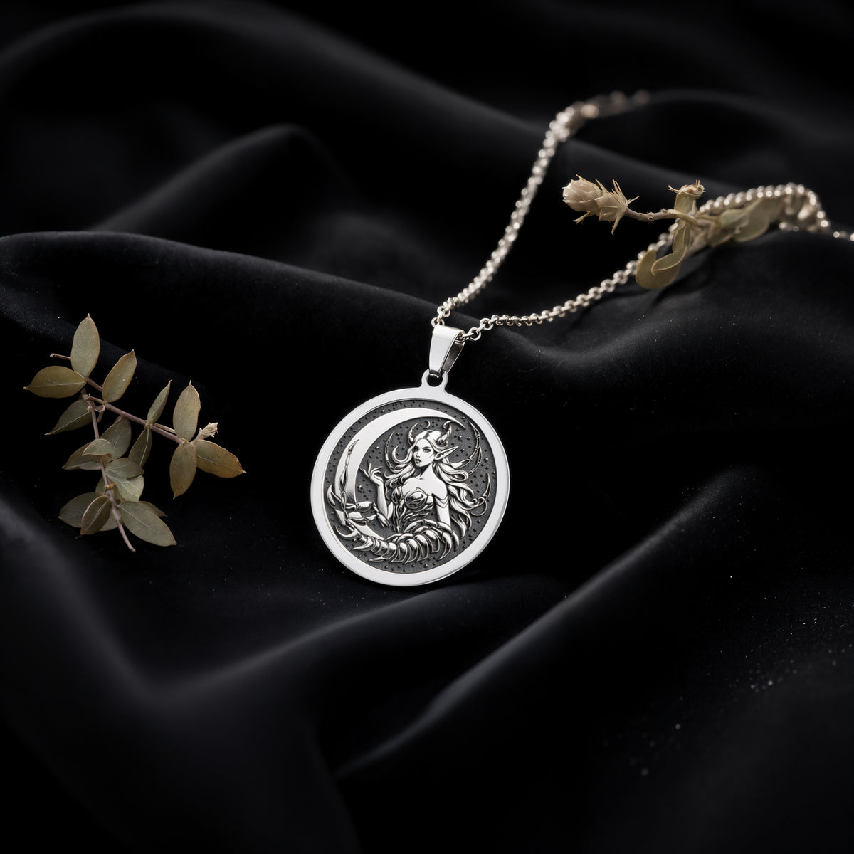 Sterling silver Scorpio Zodiac Pendant Necklace: round  Scorpio zodiac sign with engrav...