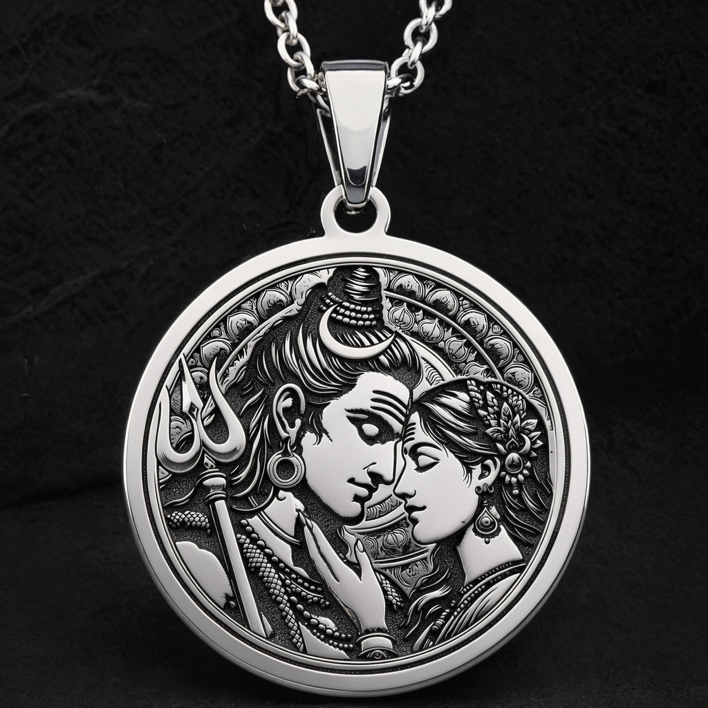 925 sterling silver Shiva & Parvati Trishul pendant, detailed view 11.