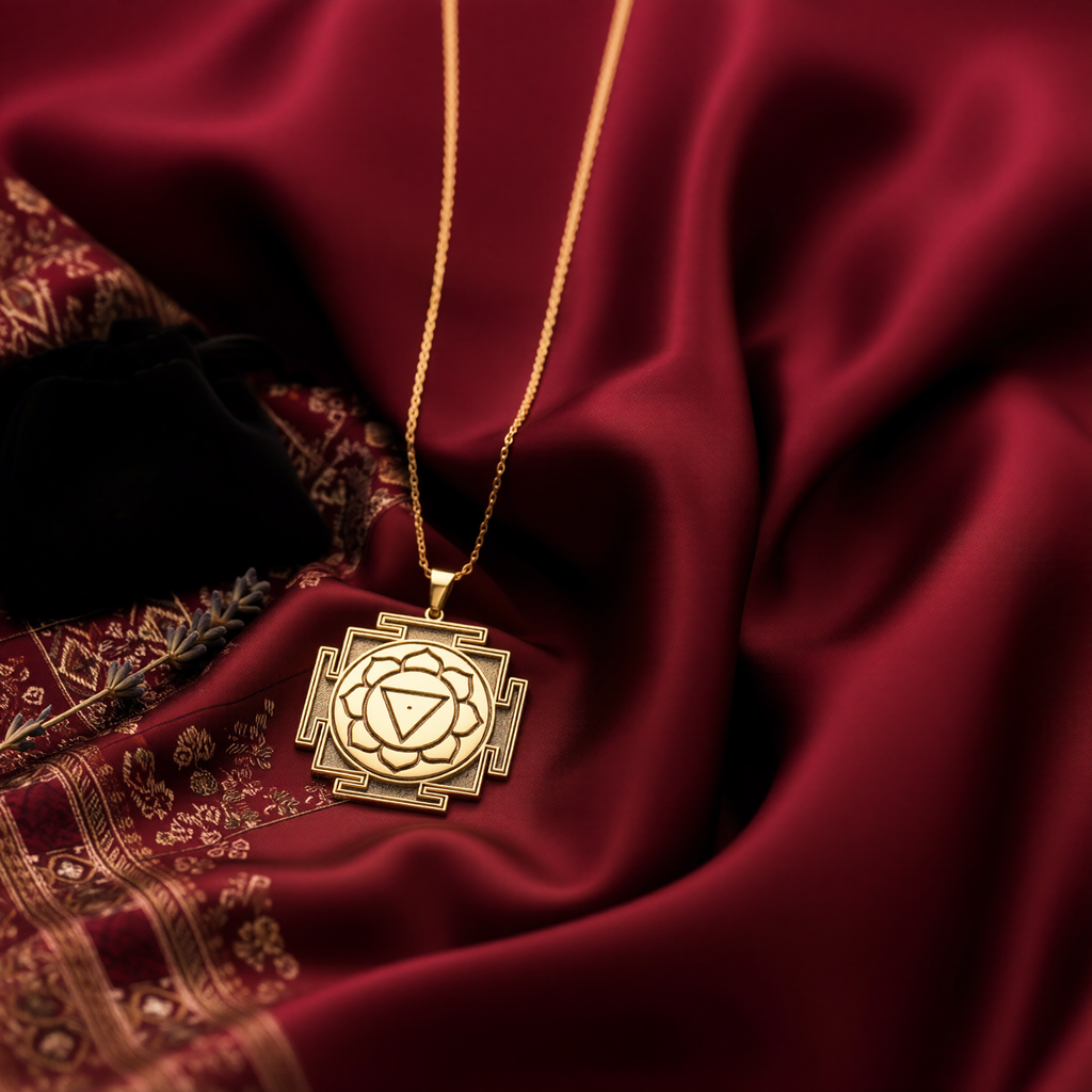 A hand displays a silver toned square geometric pendant necklace. The pendant features detailed internal patterns and hangs from a silver chain, resting on dark fabric.