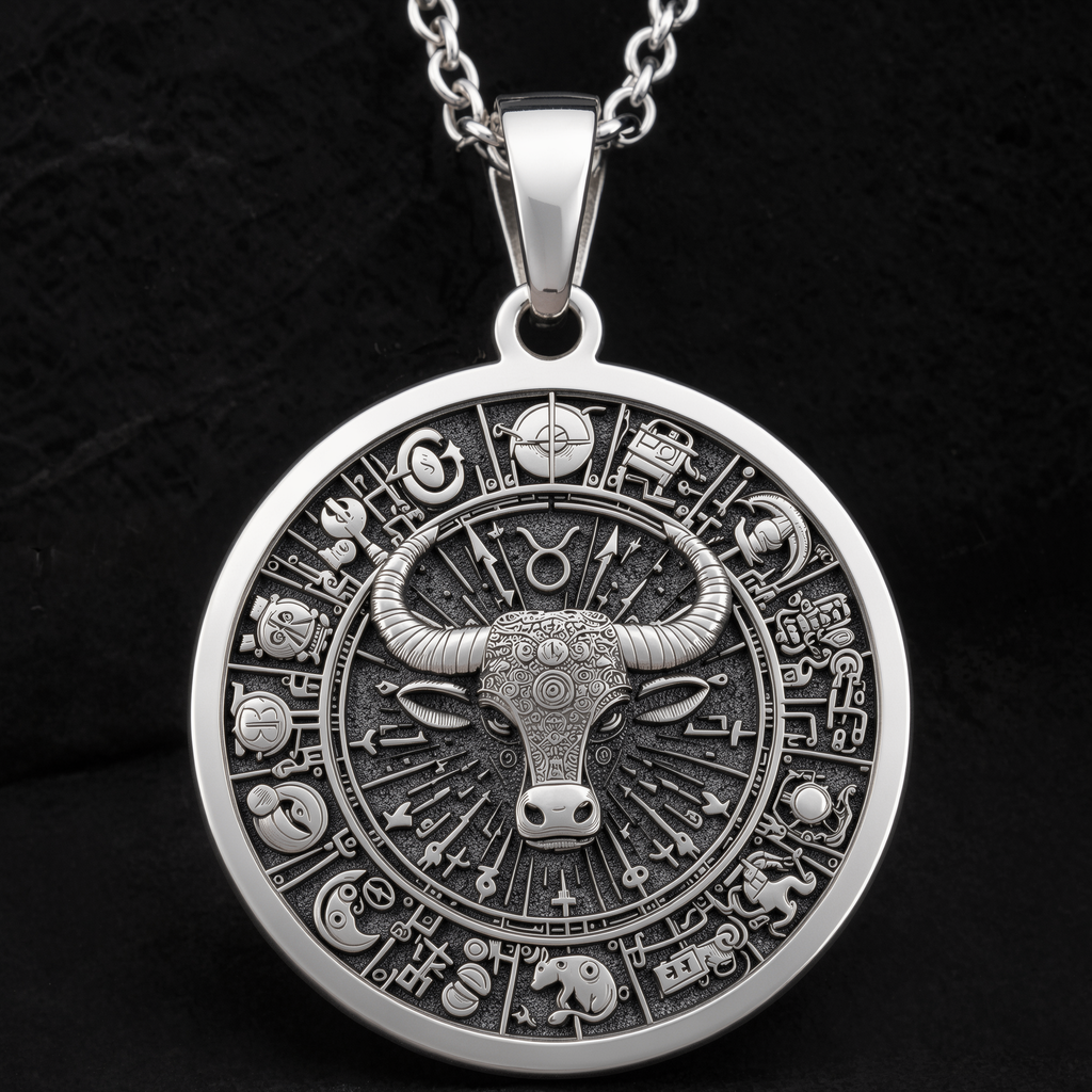 Silver pendant necklace featuring a circular Taurus bull zodiac design with intricate details and a textured surface finish. The necklace is displayed on a dark green velvet fabric with warm string lights in the background.