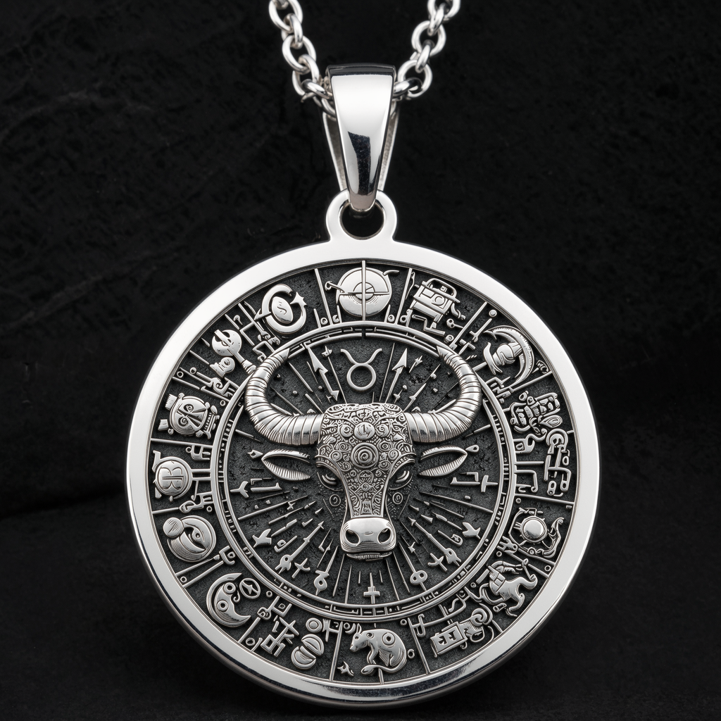 Silver Taurus Bull Zodiac necklace with a detailed bull pendant design. The image shows a flat lay view of the necklace, highlighting the silver material and the engraved details. It is a statement piece suitable for astrological jewelry.