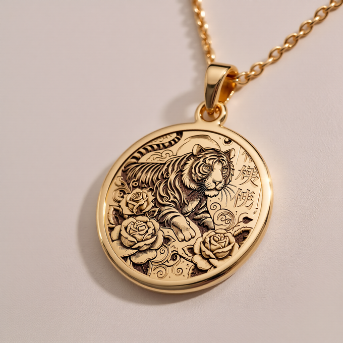 Gold plated pendant featuring a detailed design of a tiger with intricate scrollwork and floral elements. The pendant has an antique finish and is shown from the front view attached to a gold chain.
