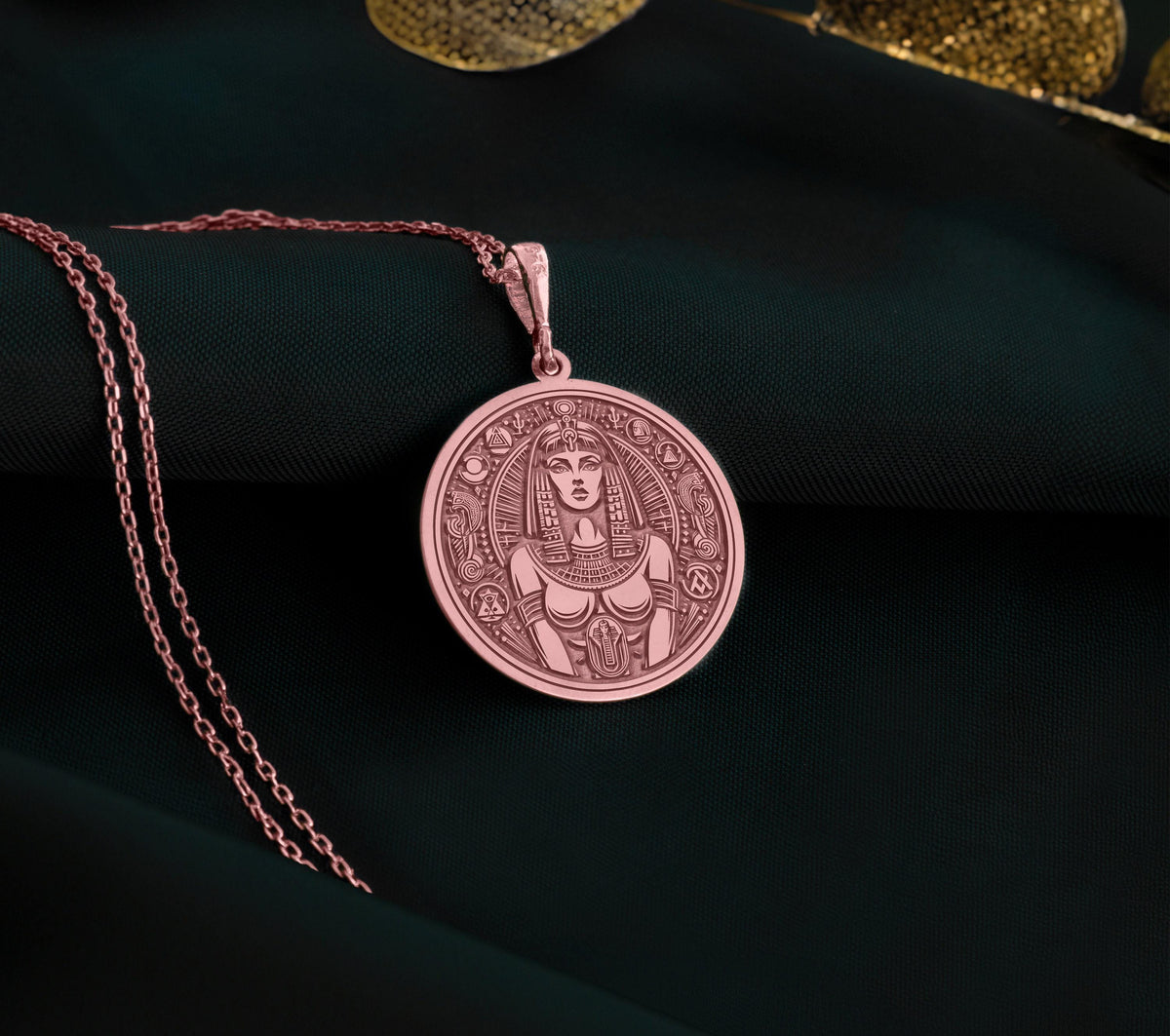 Cleopatra Pendant Necklaces Rose 14K Rose 14K 14K Rose 14K 14K Rose Gold Plated circular pendant with engraved portrait design necklace