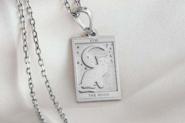 14K Solid Gold The Moon Tarot Card Necklace, Tarot Reading Rectangle Charm, Dainty Tarot Moon Charm, The Moon Necklace