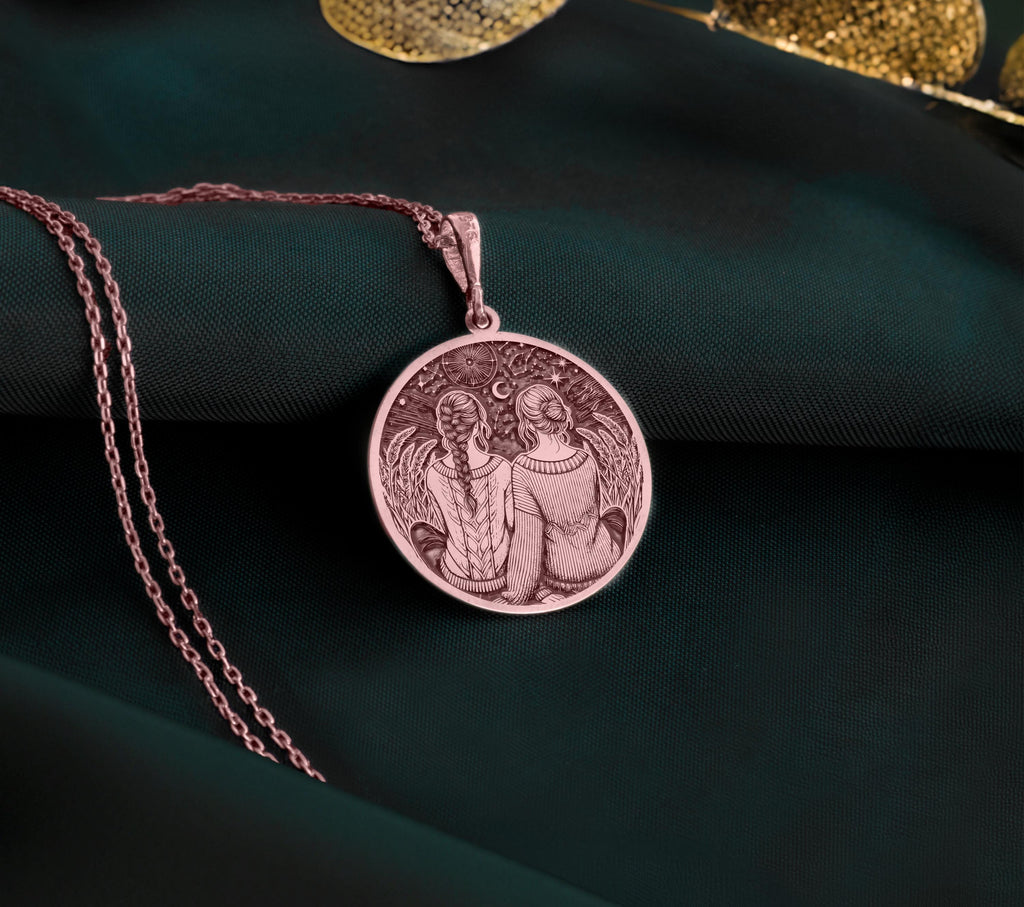 Friendship Friendship Necklace Necklaces 14K Rose 14K 14K Rose Gold Plated pendant necklace featuring two embracing figures design on a round disc.