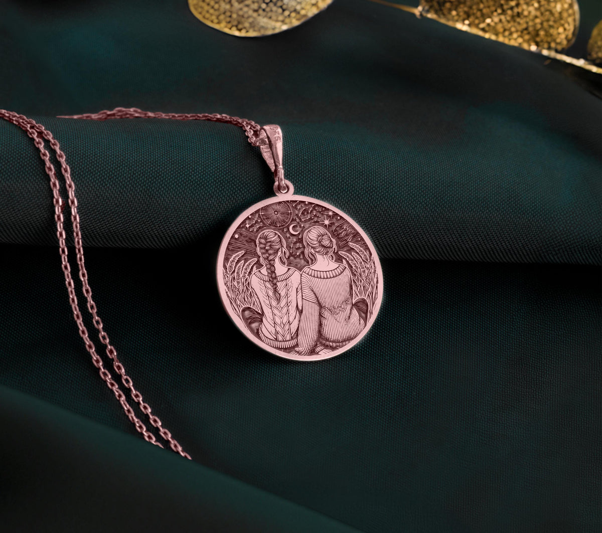 Friendship Friendship Necklace Necklaces 14K Rose 14K 14K Rose Gold Plated pendant necklace featuring two embracing figures design on a round disc.