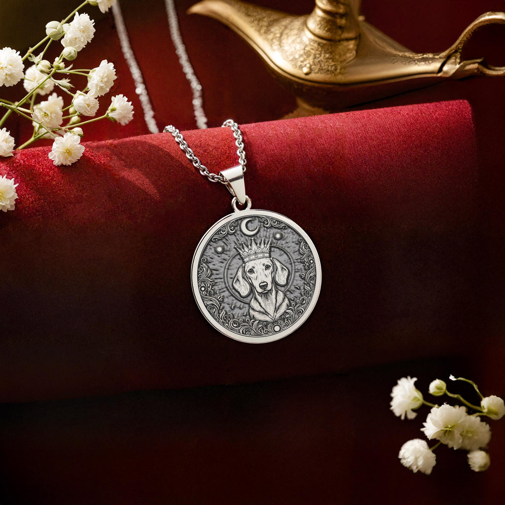 A striking 925 sterling silver Dachshund charm. The art shows the crowned sausage dog, a meaningful piece of custom pet jewelry for an owner.