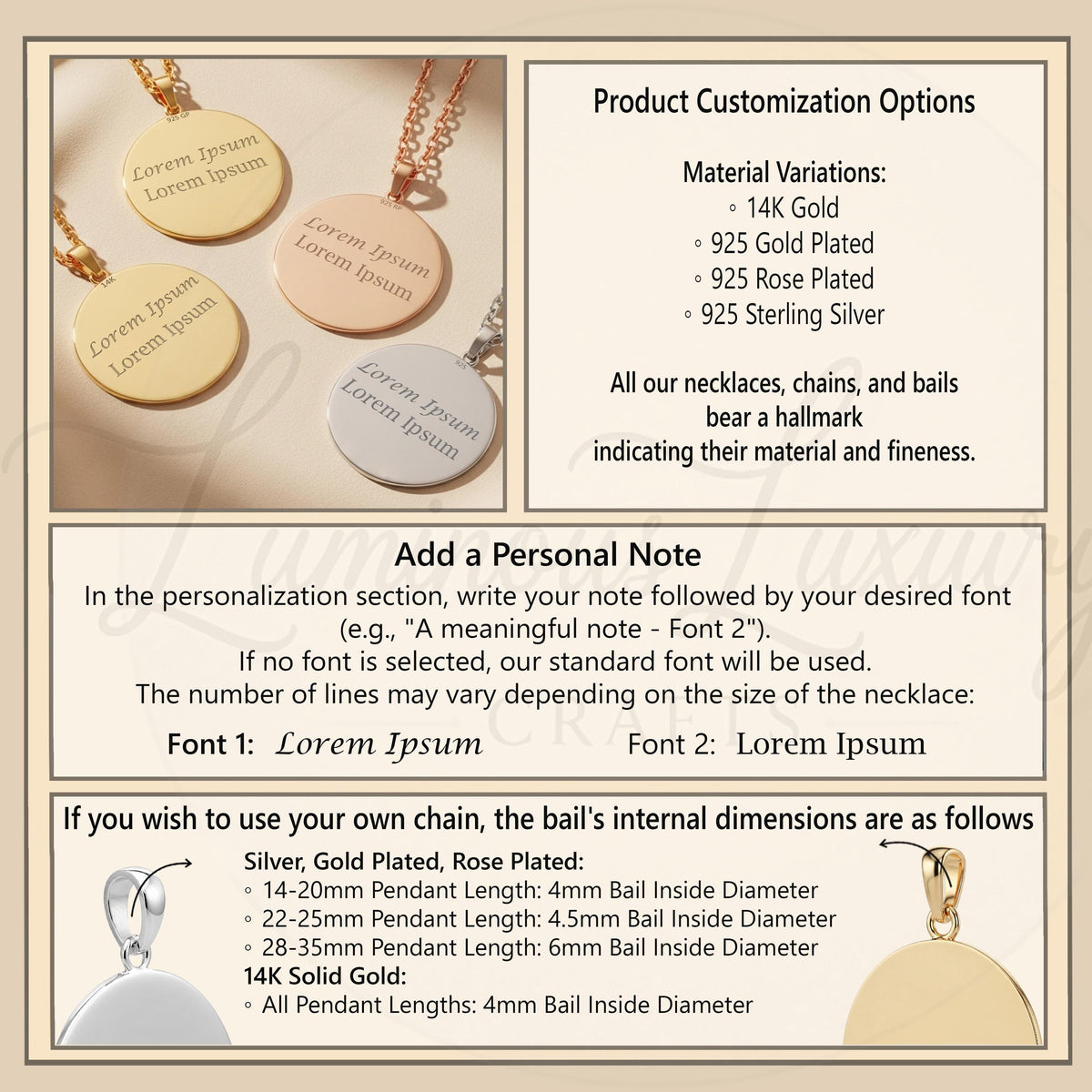 a variety of personalized necklaces, chains, and balls, each with a unique design and material variation. The necklaces are made of 14k gold, rose gold, and sterling silver, and feature different pendant lengths and sizes. The image also includes instructions for customizing the necklaces, such as adding a personal note and choosing the appropriate pendant length based on the ball's internal dimensions.