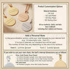 a variety of personalized necklaces, chains, and balls, each with a unique design and material variation. The necklaces are made of 14k gold, rose gold, and sterling silver, and feature different pendant lengths and sizes. The image also includes instructions for customizing the necklaces, such as adding a personal note and choosing the appropriate pendant length based on the ball's internal dimensions.