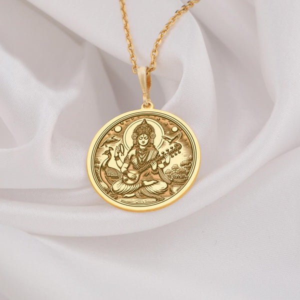 Saraswati gold necklace, Gold Saraswati pendant,Saraswati charm necklace, Saraswati gold jewelry, Goddess Saraswati pendantGold Hindu charm, Saraswati gold charm, Gold Saraswati necklace, Saraswati goddess jewelry, Hindu gold pendant