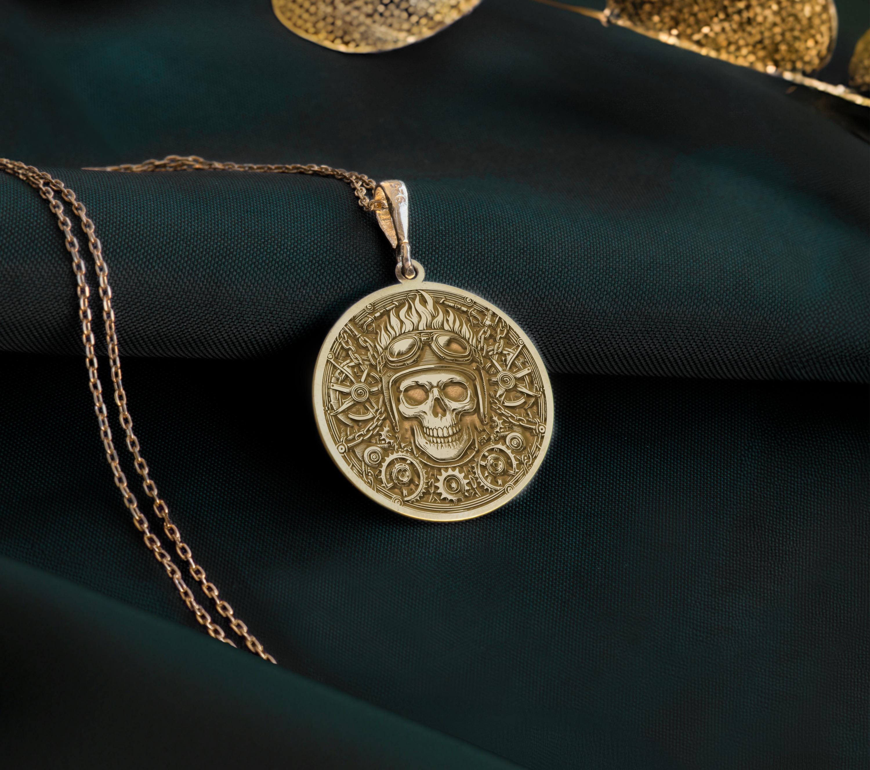 14K Gold Plated Biker Skull Medallion with steampunk elements. Detailed aviator skull pendant with helmet, goggles and mechanical gear background. Bold statement jewelry gift representing fearless riding spirit and industrial aesthetics.