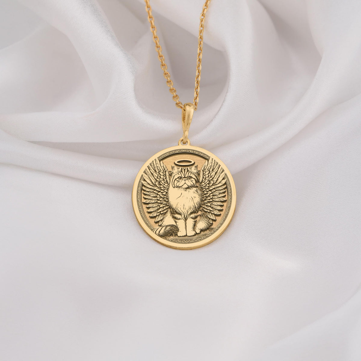 14K Solid Gold Persian Cat Angel Medallion featuring beloved long-haired breed with heavenly wings and halo. Detailed memorial talisman with fluffy coat, flat face and ornate decorative border. Luxury Persian cat memorial jewelry gift.