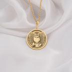 14K Solid Gold Persian Cat Angel Medallion featuring beloved long-haired breed with heavenly wings and halo. Detailed memorial talisman with fluffy coat, flat face and ornate decorative border. Luxury Persian cat memorial jewelry gift.
