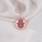 Hamsa Hand Protection Amulet Necklaces Rose 14K Rose 14K 14K Rose 14K 14K Rose Gold Plated circular pendant with stylized eye design necklace